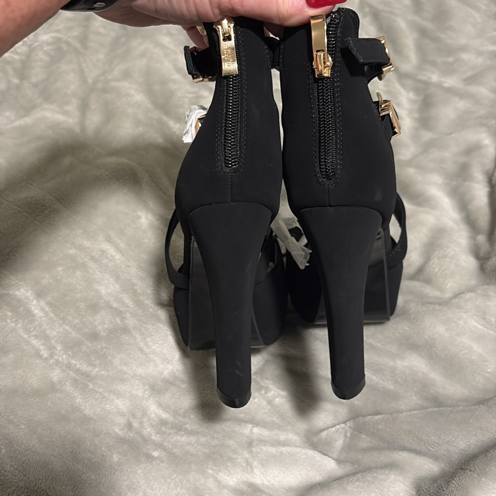 Allure Black Strappy Heels with Gold Buckle - Picture 2 of 5